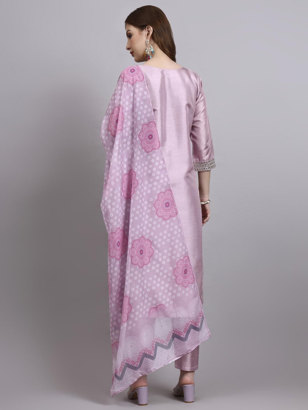 GALGOTO Women's Yellow Embroidered Kurta Pant with Organza Printed Dupatta Set, 3/4 Sleeve, Traditional Indian Ethnic Wear (IN, Alpha, S, Regular, Light Pink)