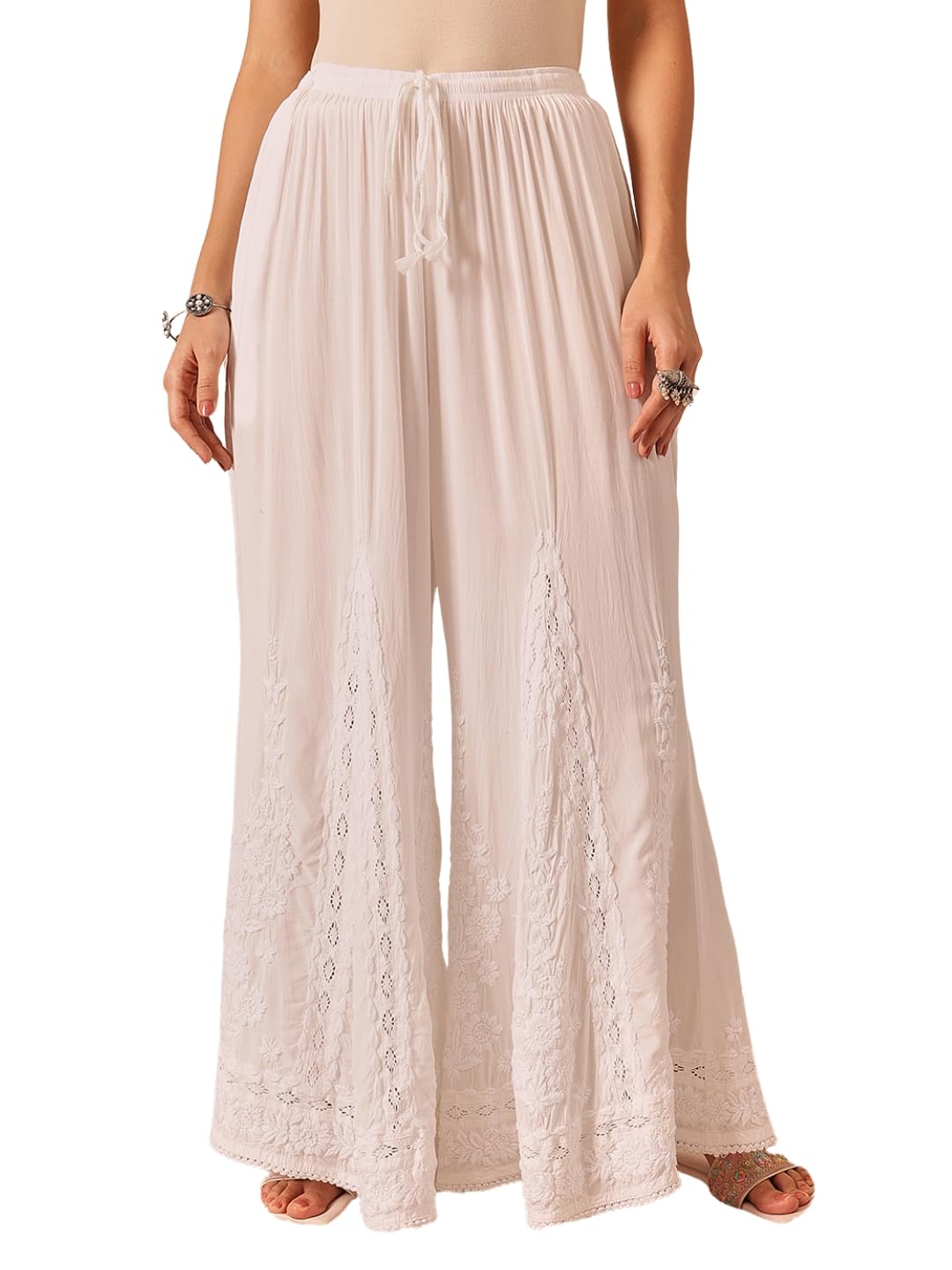 Ada Lucknowi Chikankari Hand Embroidered Modal Flared Palazzo for Women A711199 White