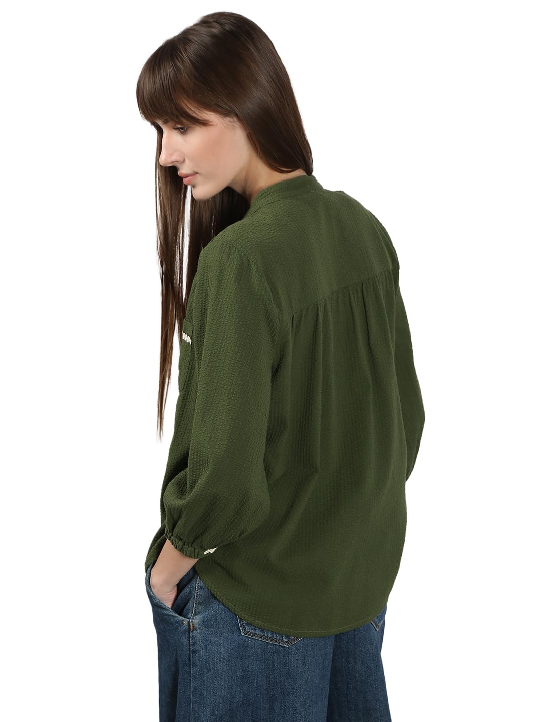 VERO MODA Women's Cotton Regular Fit Green Shirt