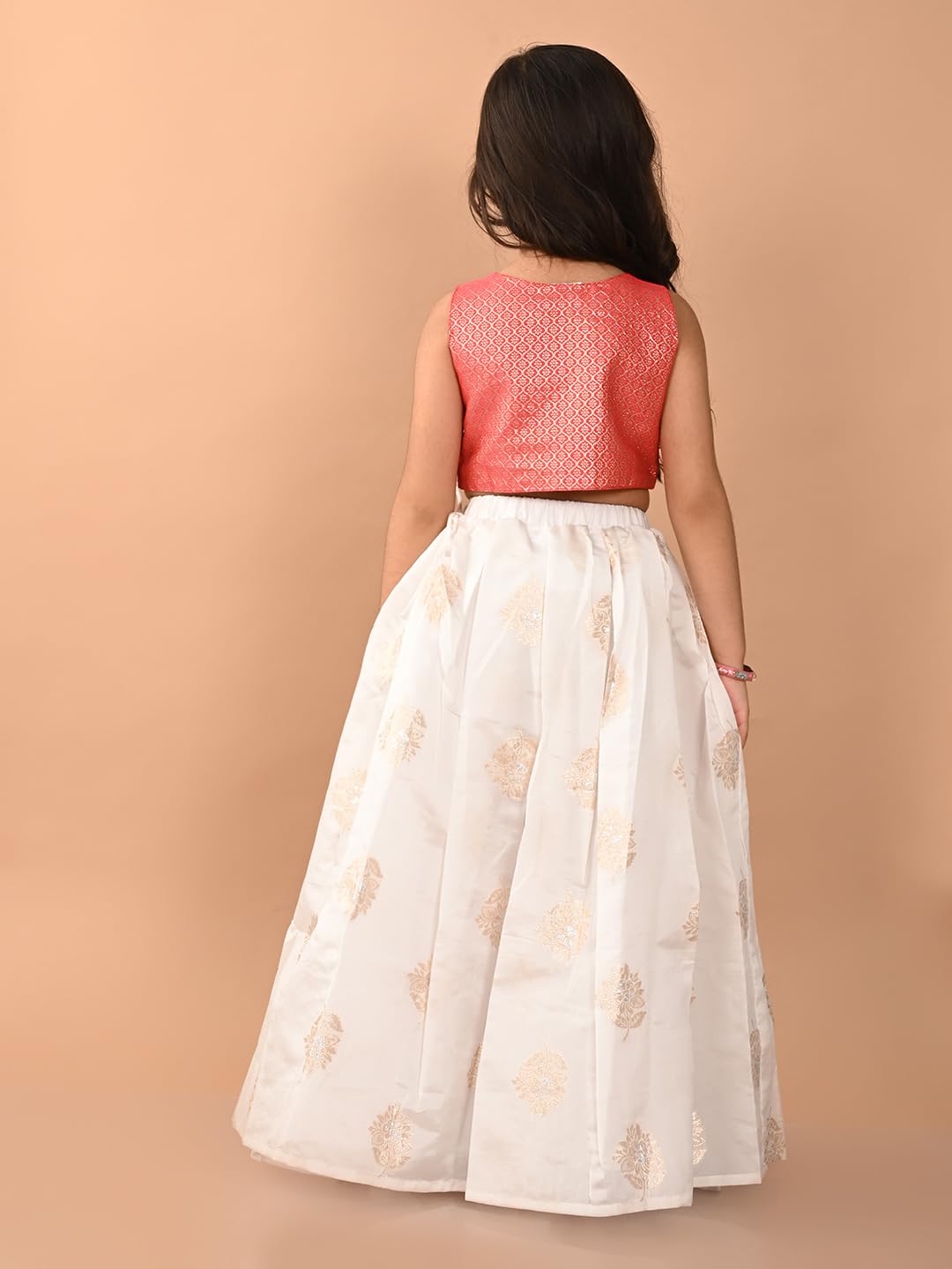 LILPICKS Embossed Sleeveless Blouse with Batik Printed Lehenga Set for Girls (Pink White) (9-10Y)