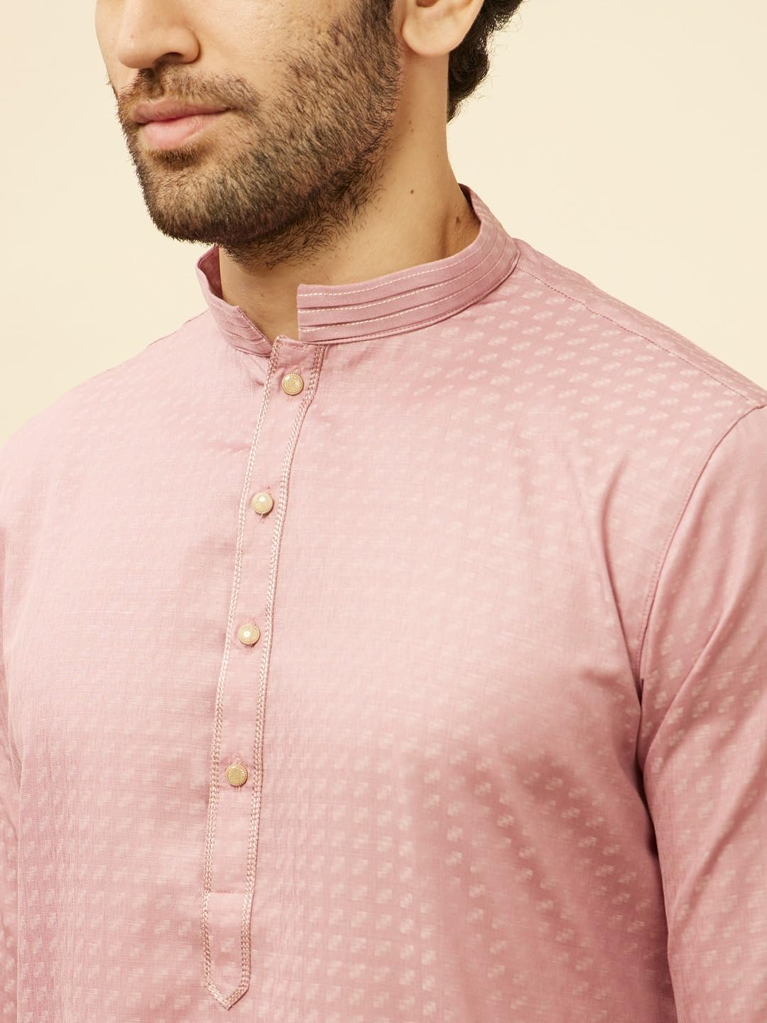 Manyavar Men's Pink Blended Cotton Printed Kurta Pyjama Set (XL)