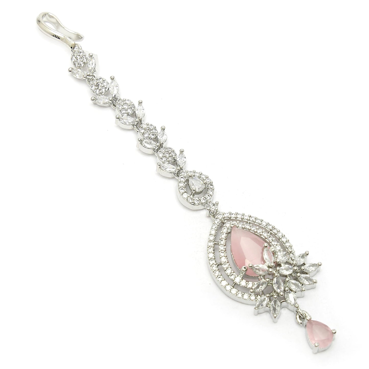 Zeneme Rhodium Plated Designer American Diamonad Tear Drop Crytal Studded Silver Toned Maang Tikka for Women and Gifts for Girls (Pink Constellating Spark Maang Tikka)