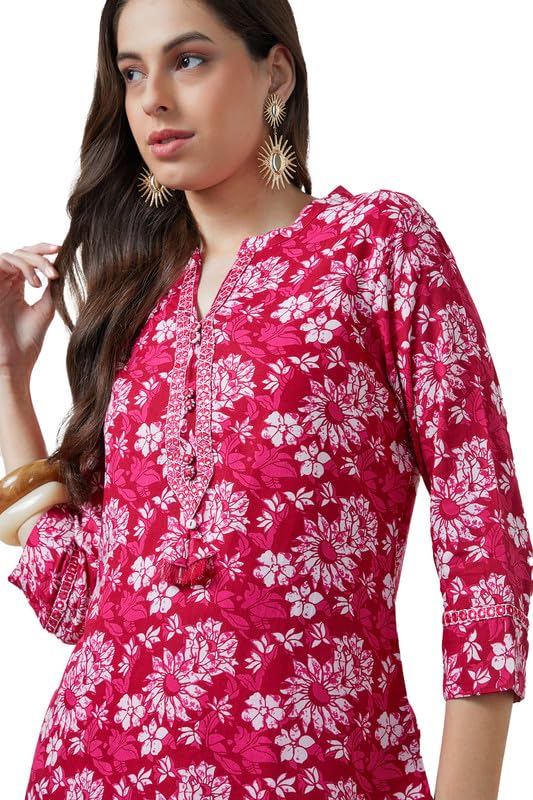 Soch Womens Fuchsia Floral Print Rayon Tunic with Faux Mirror