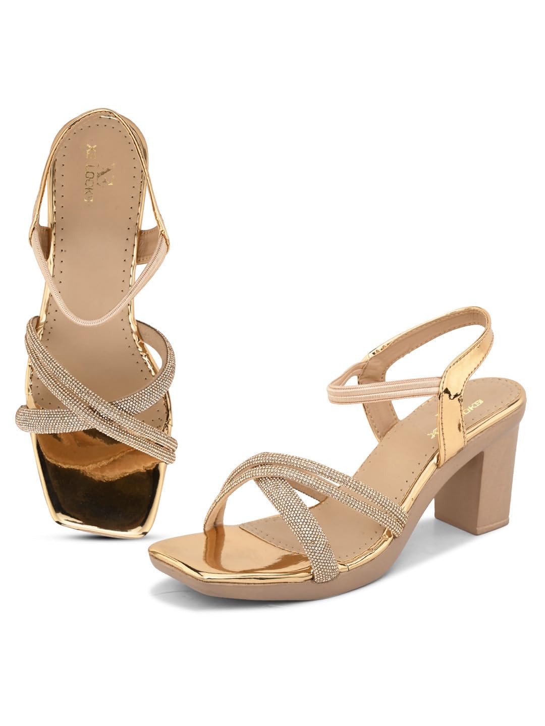 XE Looks Women's Gold Elegant Block Heels | Cross-Strap Sandals for Women | Stylish with Glossy Finish Comfortable Block Heels For Girls & Women