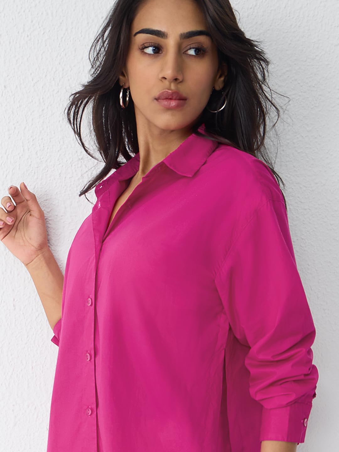 The Souled Store Solids: Desire Women and Girls Full Sleeves Spread Collar Pink Solid Cotton Oversized Fit Lightweight Comfortable All-Season Shirt for Casual Streetwear