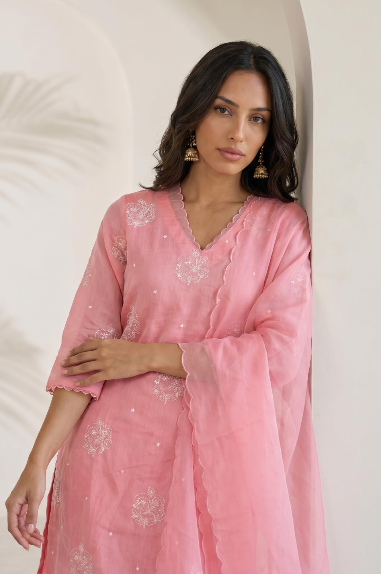 W for Woman Pink Thread Embroidered Chanderi Straight Kurta with Pants and Dupatta Set - (WS13881-401118-XL)