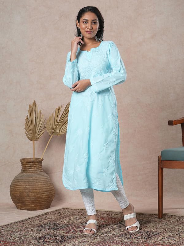 Ada Hand Embroidered Lucknowi Chikankari Cotton Kurta Kurti for Women A411688 Blue (4XL)