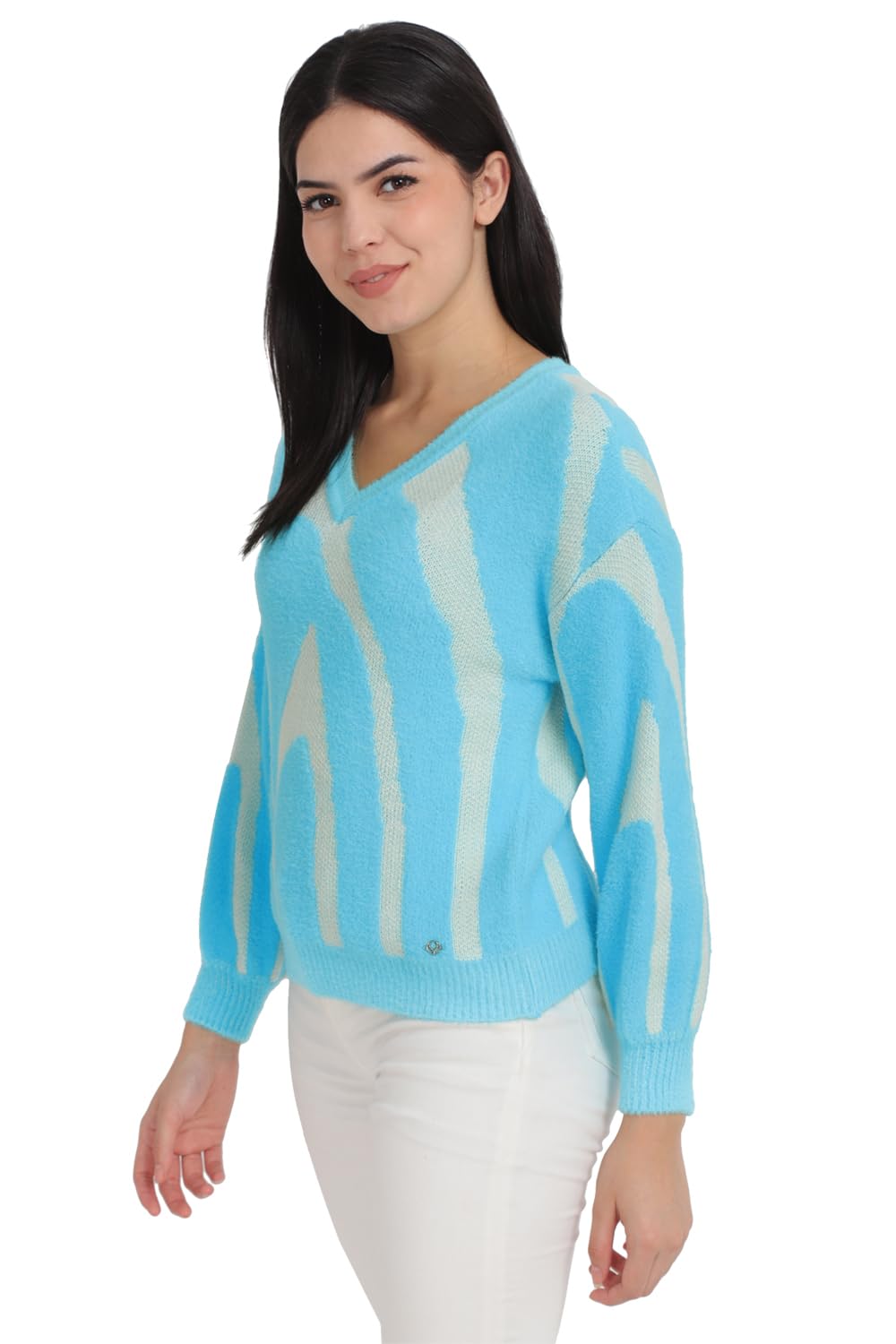 Allen Solly Women's Acrylic_Blend V-Neck Sweater (AHSWCRGHL03857_Blue
