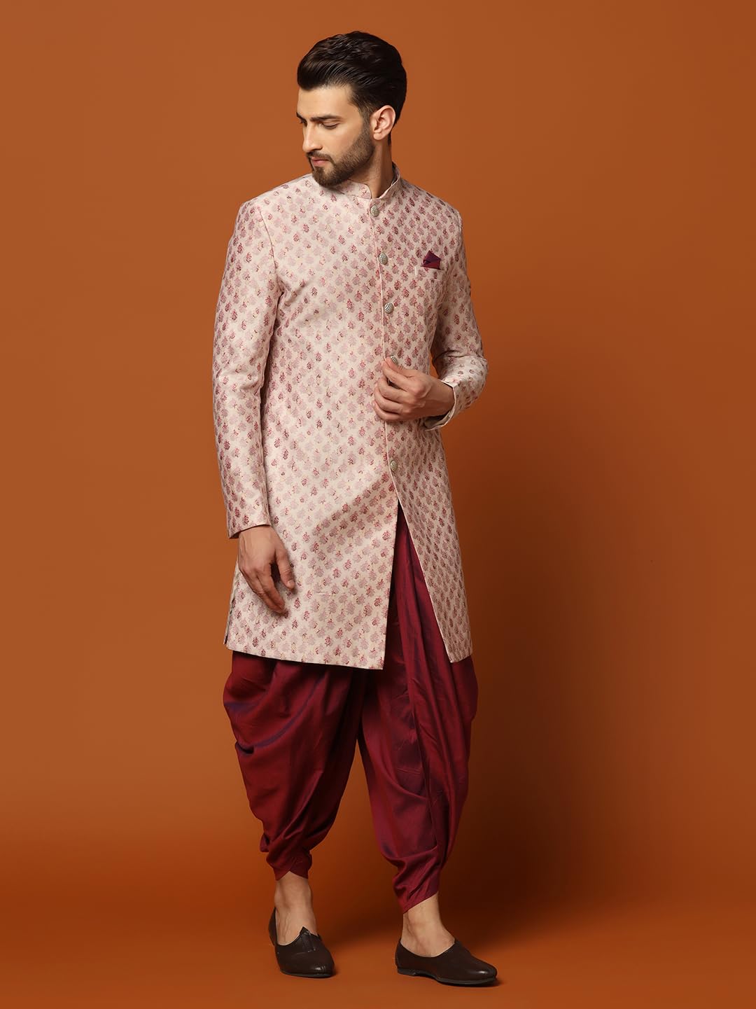KISAH Men's Multicolor Sherwani Dhoti Set, Cotton Full Sleaves, Knee Length, Straight, Regular Fit, Mandarin Collar Ethnic Wear