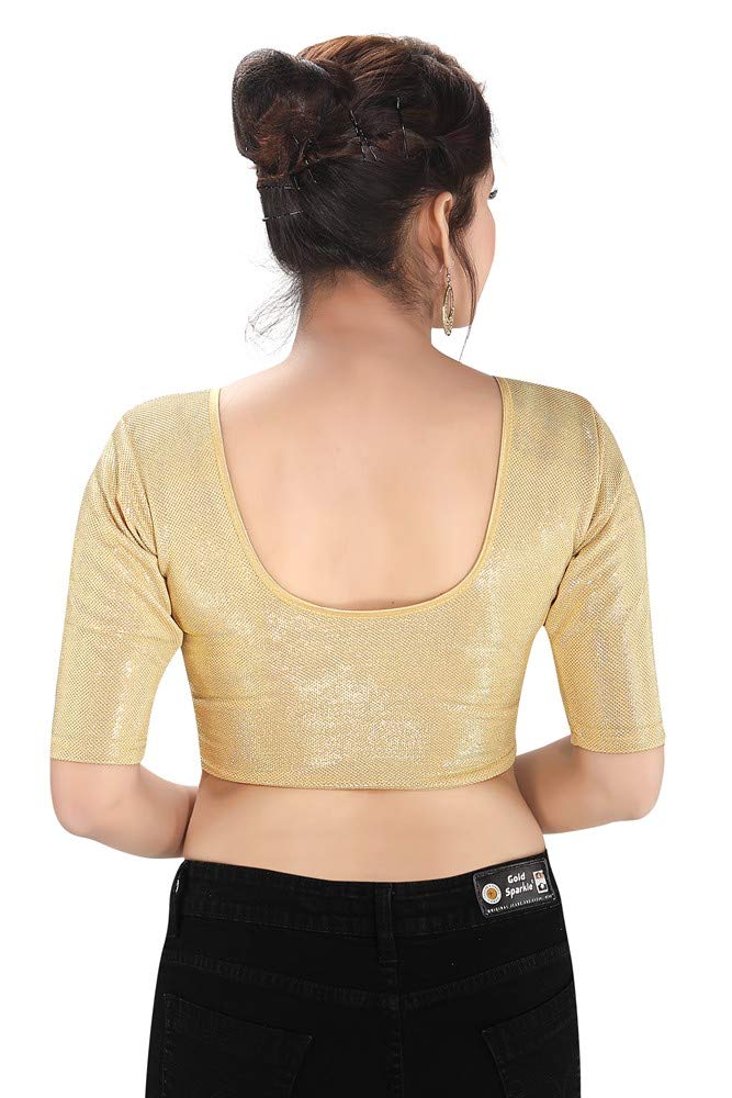 Vamas Women's Shimmer Solid Elbow Sleeves Readymade Saree Blouse (A-38_Gold_M)