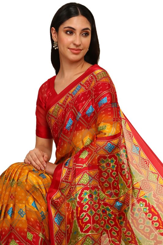 Soch Womens Mustard Chiffon Bandhani Print Saree