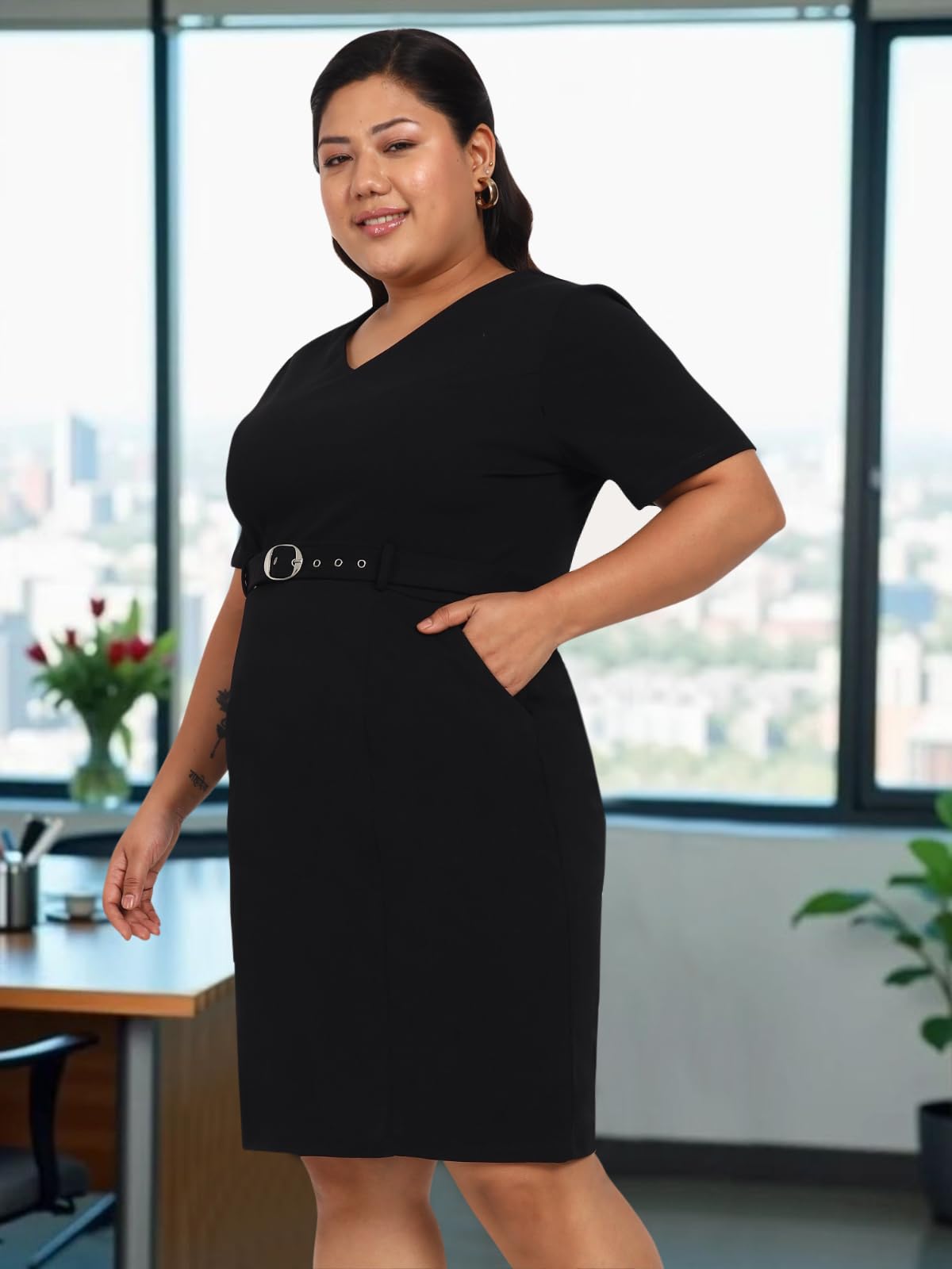 wild U Women Plus Size Western Dress | Stretchable | Pocket | Stylish | with Belt | Formal Office Wear (Black, Size : 6XL)