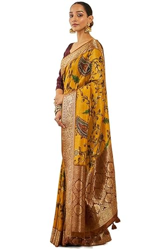 Soch Womens Mustard Crepe Saree With Floral Kalamkari Print And Zari Borders