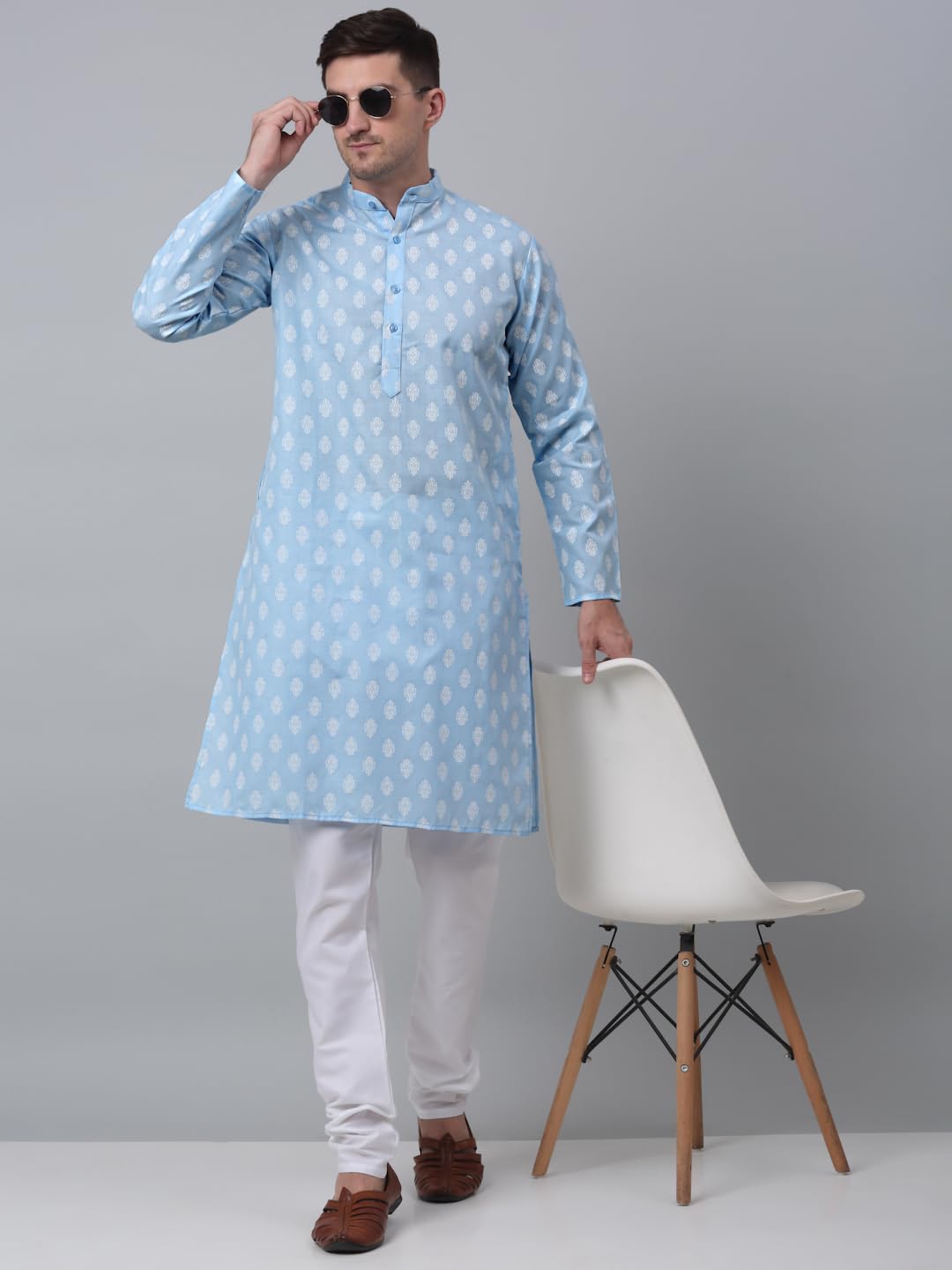 Jompers Floral Printed Kurta with Churidar for Men (Sky Blue, L)