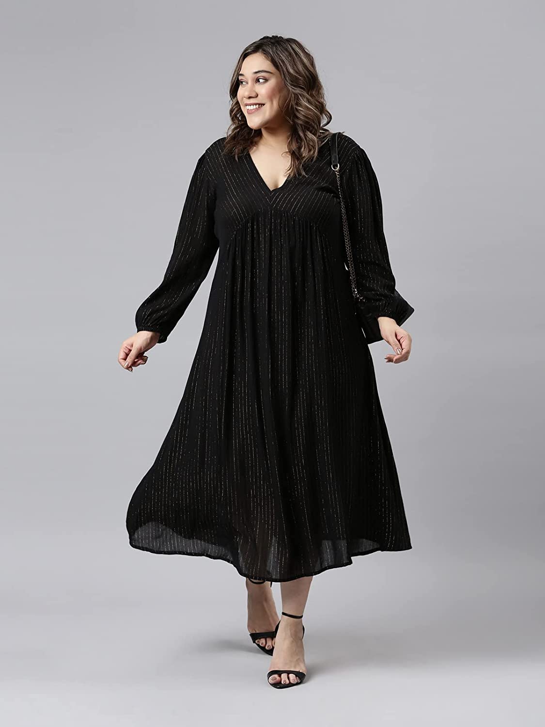The Pink Moon Women's Maxi Plus Size Lurex Dress - (DRS_100_GOLDLX_Black_3XL)