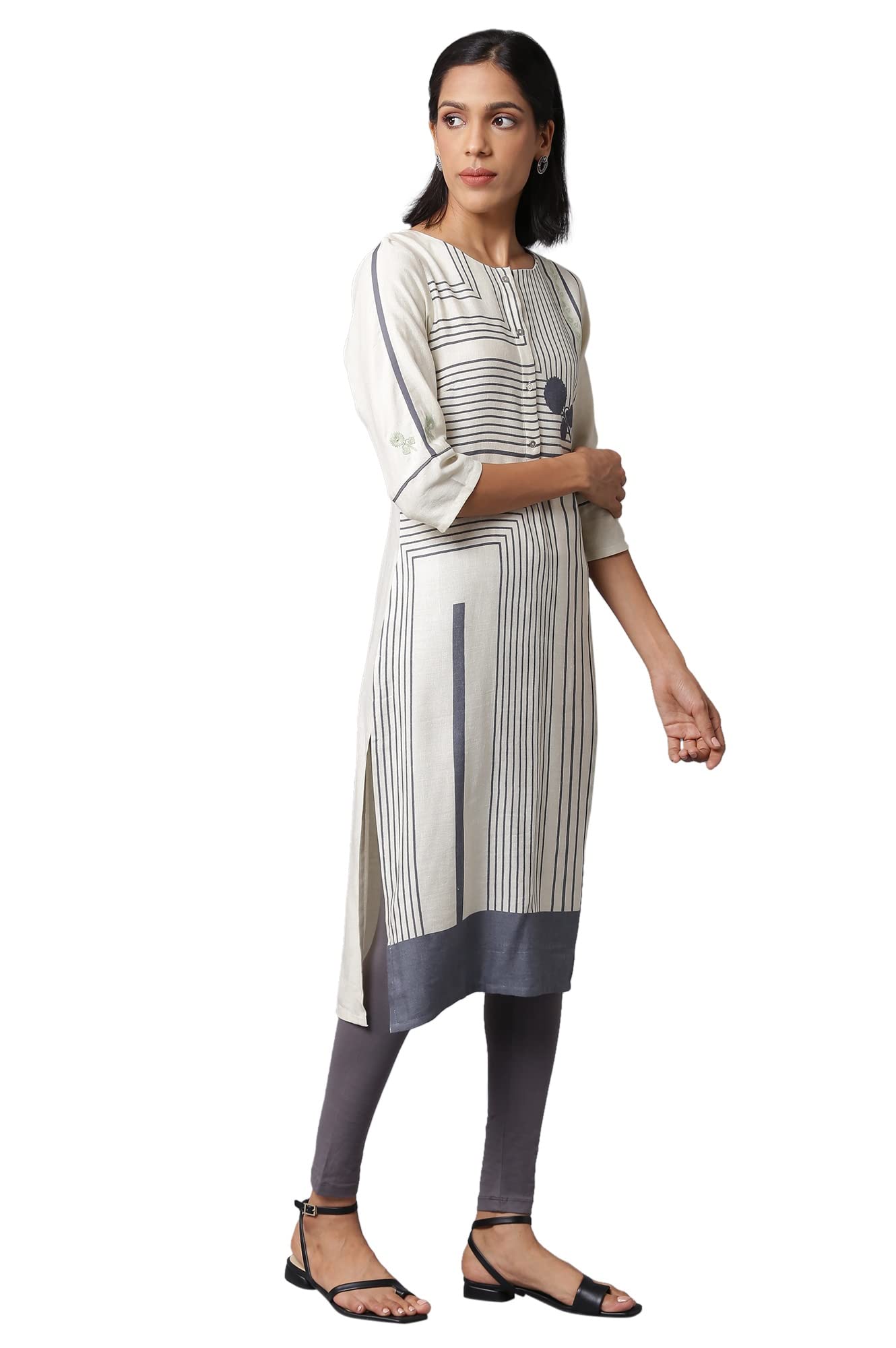 W for Woman Women's Rayon Geometric Regular Kurta (22FEW17327-118127_Ecru_L)