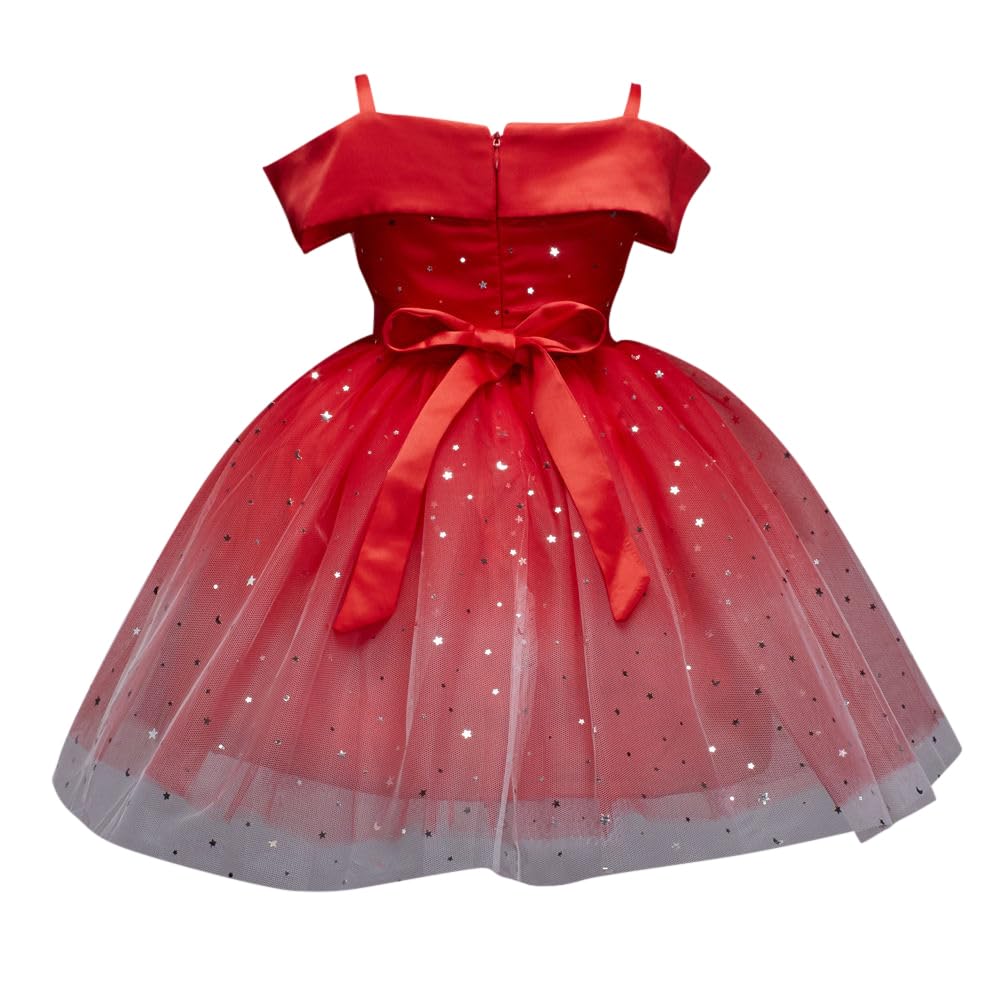 Hopscotch Girls Knee Length Party Dresses in Red Color for Ages (6-7 Years)