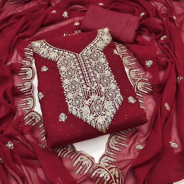 VARNI FABRICS Georgette Dress Material for Women Embroidered Unstitched Woman Salwar Suit Dress Material With Chiffon Dupatta Dark Purple
