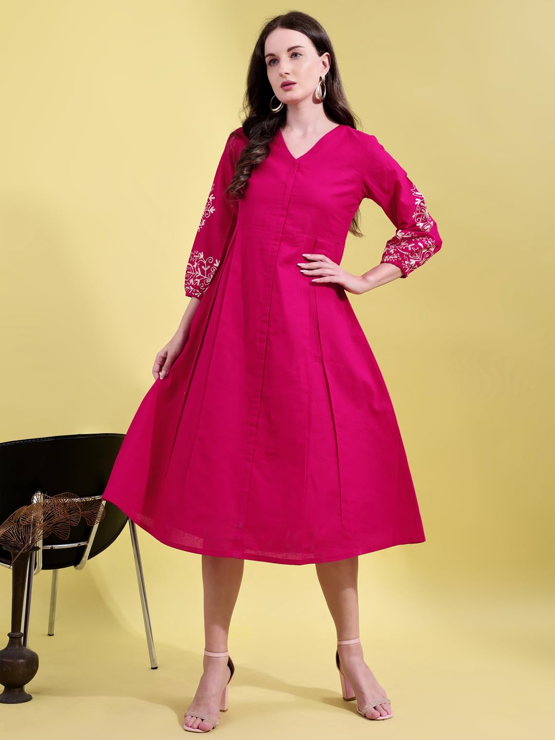 Womanista Linen Blend Women's Fuchsia Cotton Flex with Embroidered Sleeves Empire A-LINE Ethnic Dress Maxi (ETHNICDRESS_113_Pink_M)
