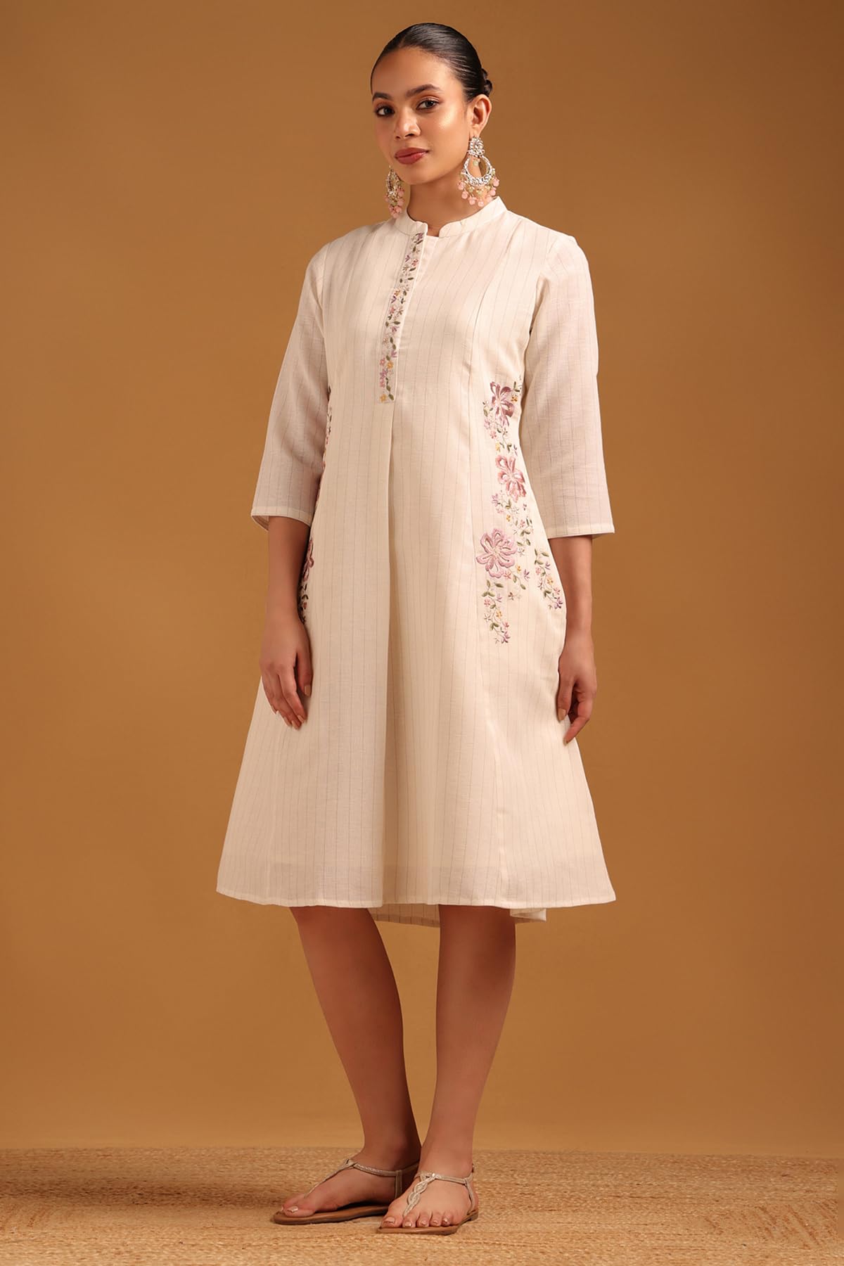 Soch Womens Off White Cotton Blend Floral Dress with Thread Work