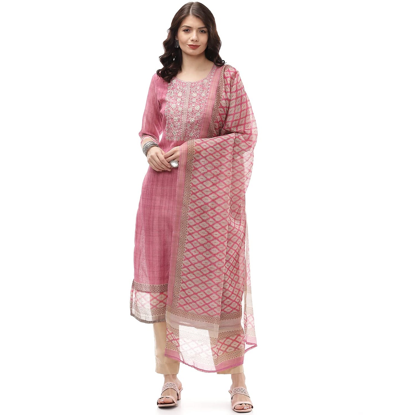 BIBA Women's Pink Chanderi Hand Embroidered Unstitched Suit Set