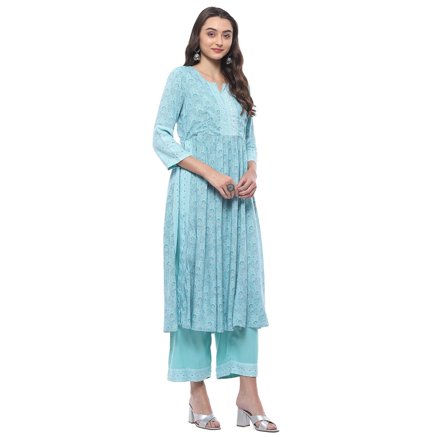 Biba WOMEN PRINTED STRAIGHT SALWAR KURTA DUPATTA(SKDASSORTED7518_TURQUOISE_38)
