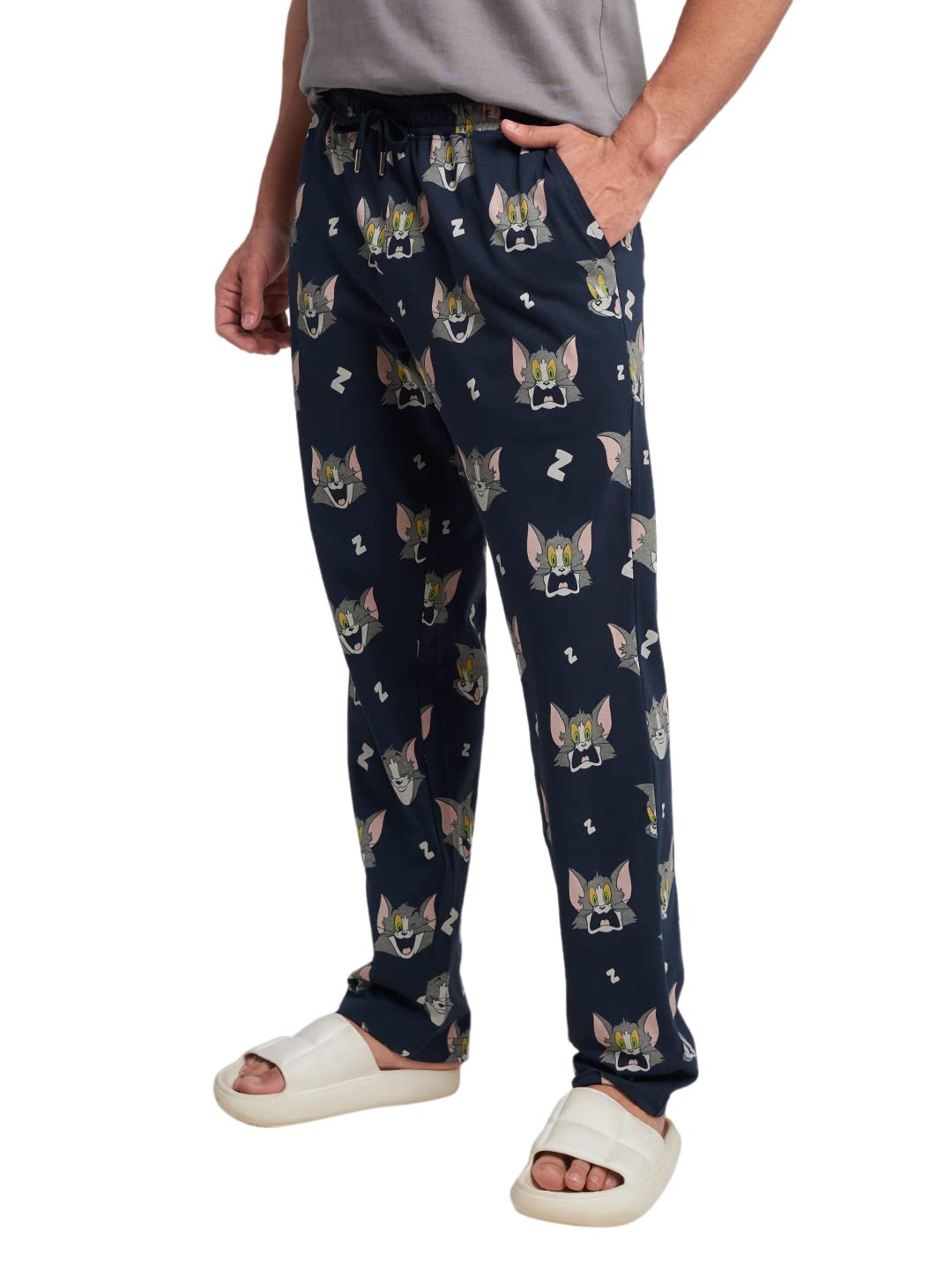 The Souled Store Men Official Tom and Jerry: Don't Wake Me Up Navy Blue Printed Pajamas