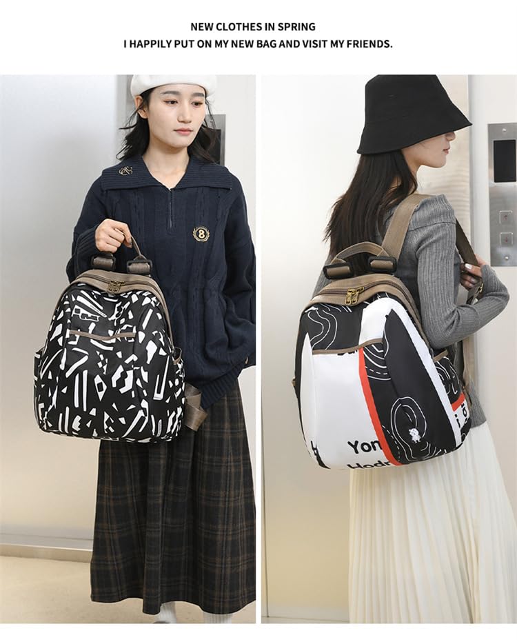 MOCA Fashionable Casual Nylon Backpack for Womens Girls M Size Multipurpose BagPack Travel, Casual, College, Office, Work Gift Bag Women (Maple Leaf) (Black white)