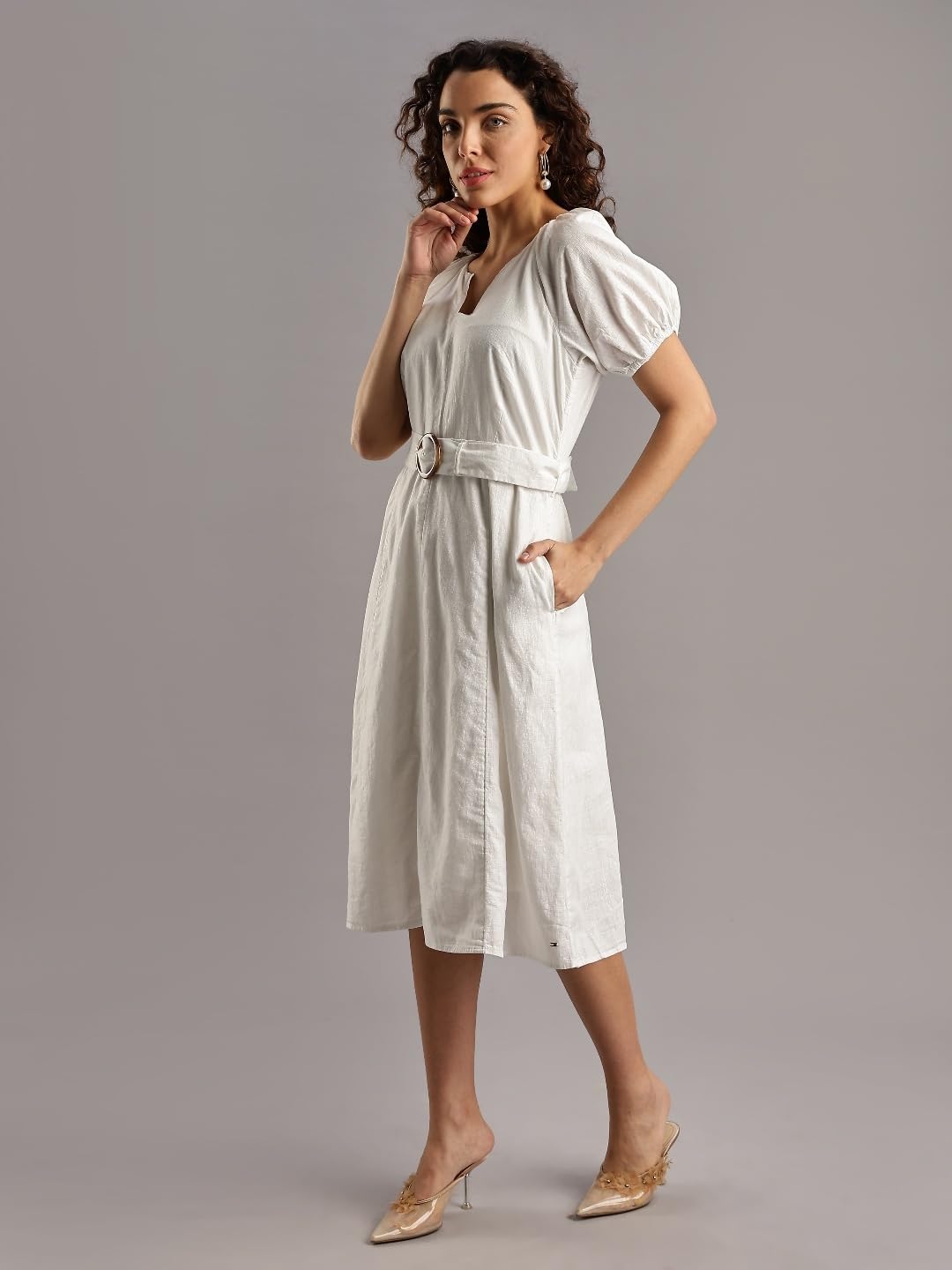 Tommy Hilfiger Cotton Split Neck A-Line Dress Ecru