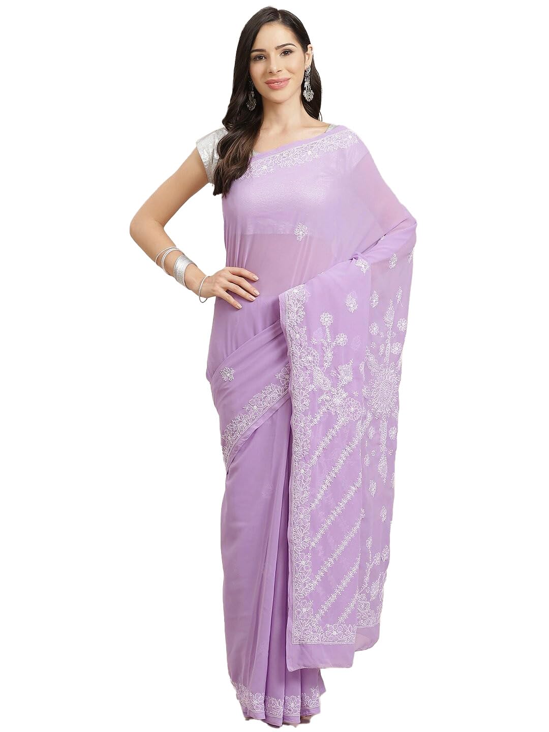Ada Women's Lucknow Chikankari Handcrafted Faux Georgette Saree With Blouse A129584 Mauve