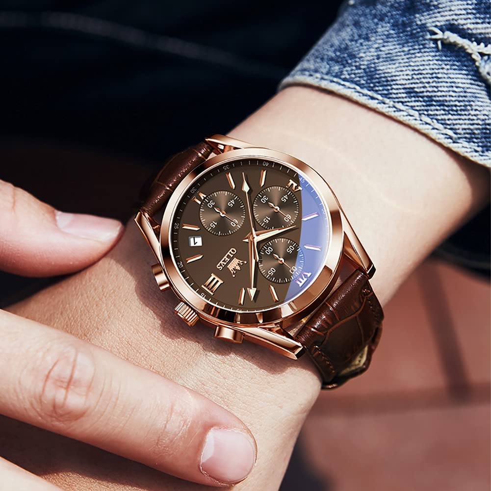OLEVS Mens Leather Watches Casual Brown Face Leather Band Watches for Men Big Face Analog Chronograph Watch Men with Date Fashion Dress Waterproof Sport Business Men's Wrist Watch relojes para hombres