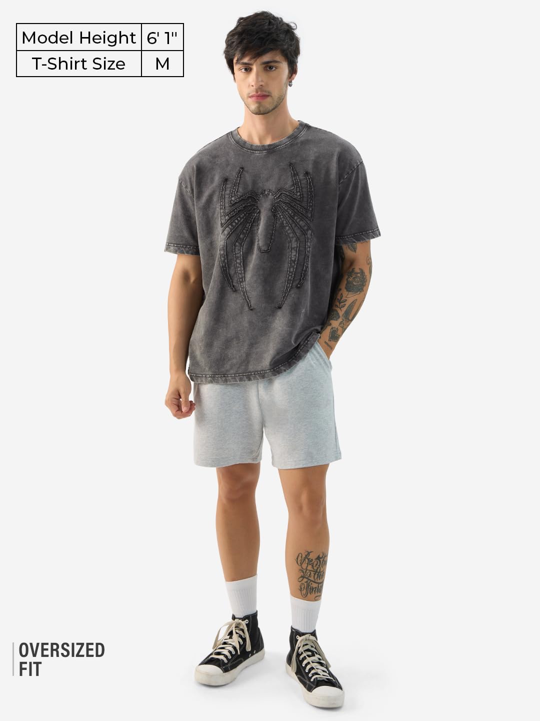 The Souled Store Official Spider-Man: Midnight Men and Boys Short Sleeve Round Neck Grey Textured Cotton Oversized T-Shirts