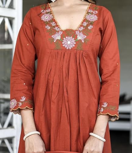 AVYUKTHA | Women Floral Embroidered Tiered Kurta with Palazzos & Dupatta |Work Ethnic Set for Festive, Casual & Party | Orange | Size- M