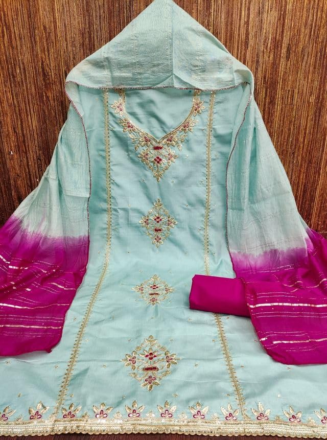 VARNI FABRICS Coco Silk Dress Material for Women Embroidered Unstitched Woman Salwar Suit Dress Material With Jari Dupatta Mint Green