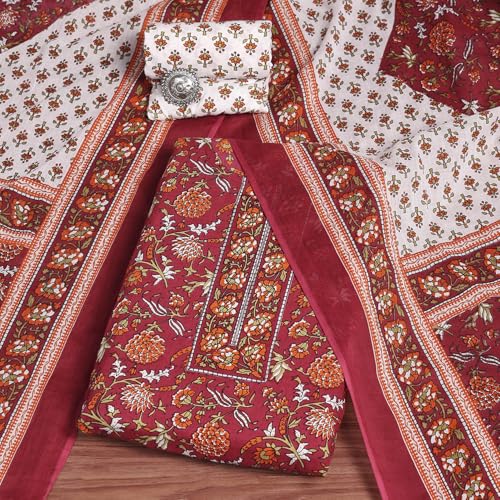 BIBA Women Brown Cotton Screen Print Unstitched Suit Set_FREE SIZE