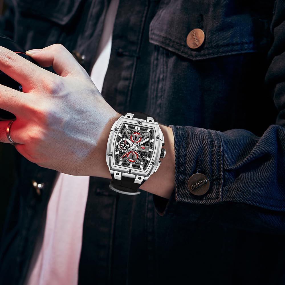 MF MINI FOCUS Men's Watch Analog Waterproof Fashion Date Wrist Watch, Skeleton Tonneau Watch for Men with Chronograph,Ideal for Sports Enthusiasts and Daily Wear - Perfect Gifts for Men, Silver
