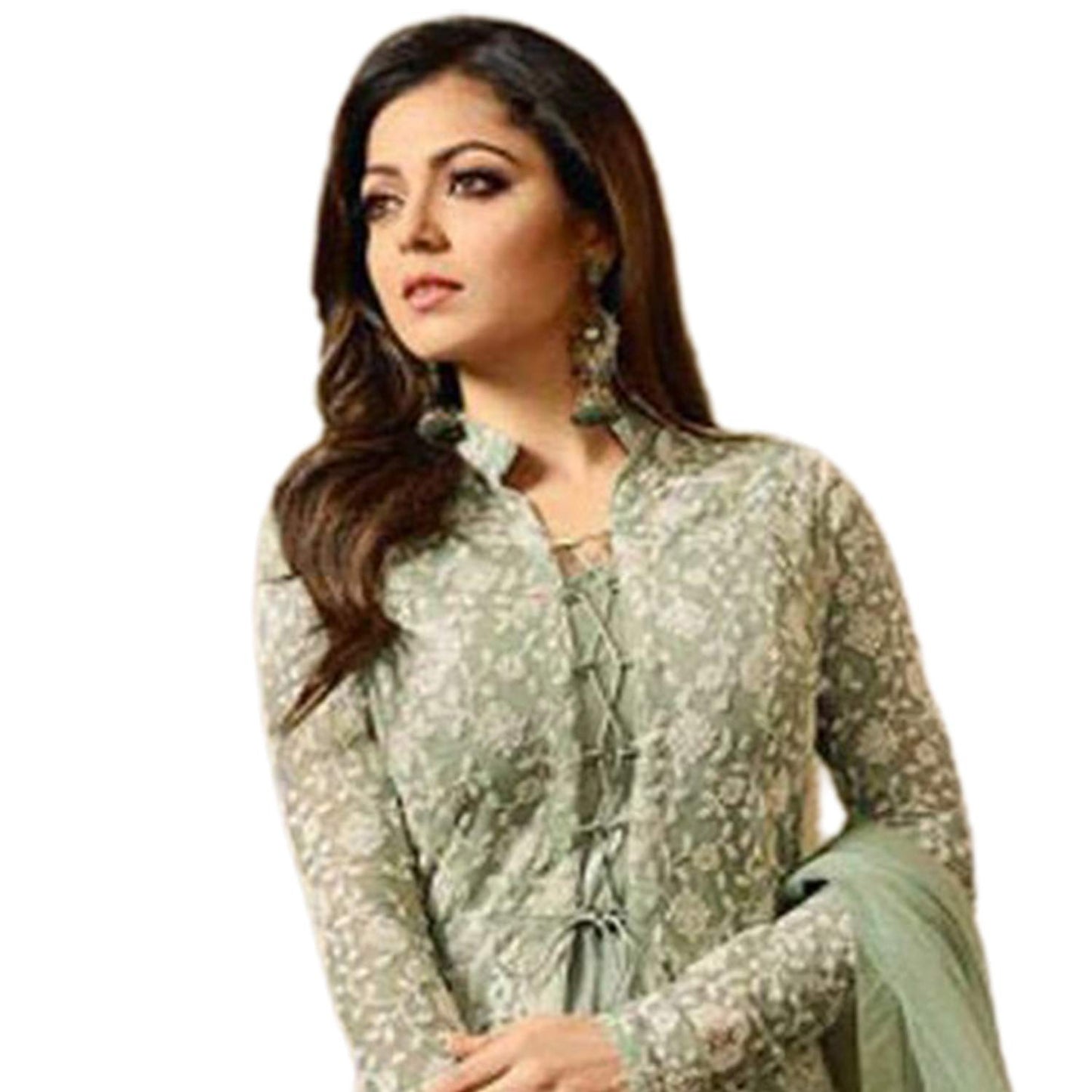 Miss Ethnik Women's Light Green Embroidered Flared Gown 945-Light Green