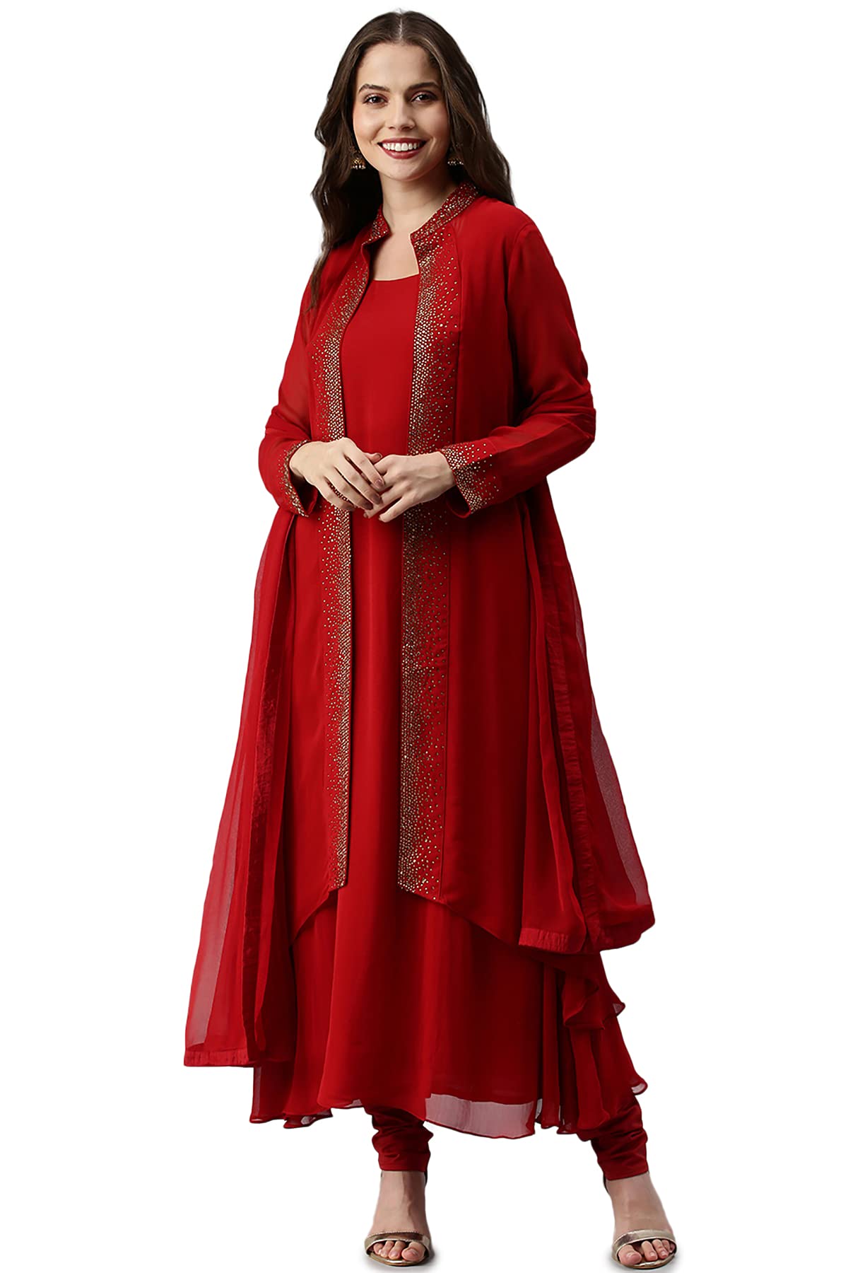 Soch Red Pure Georgette Embroidered Chudidar Set