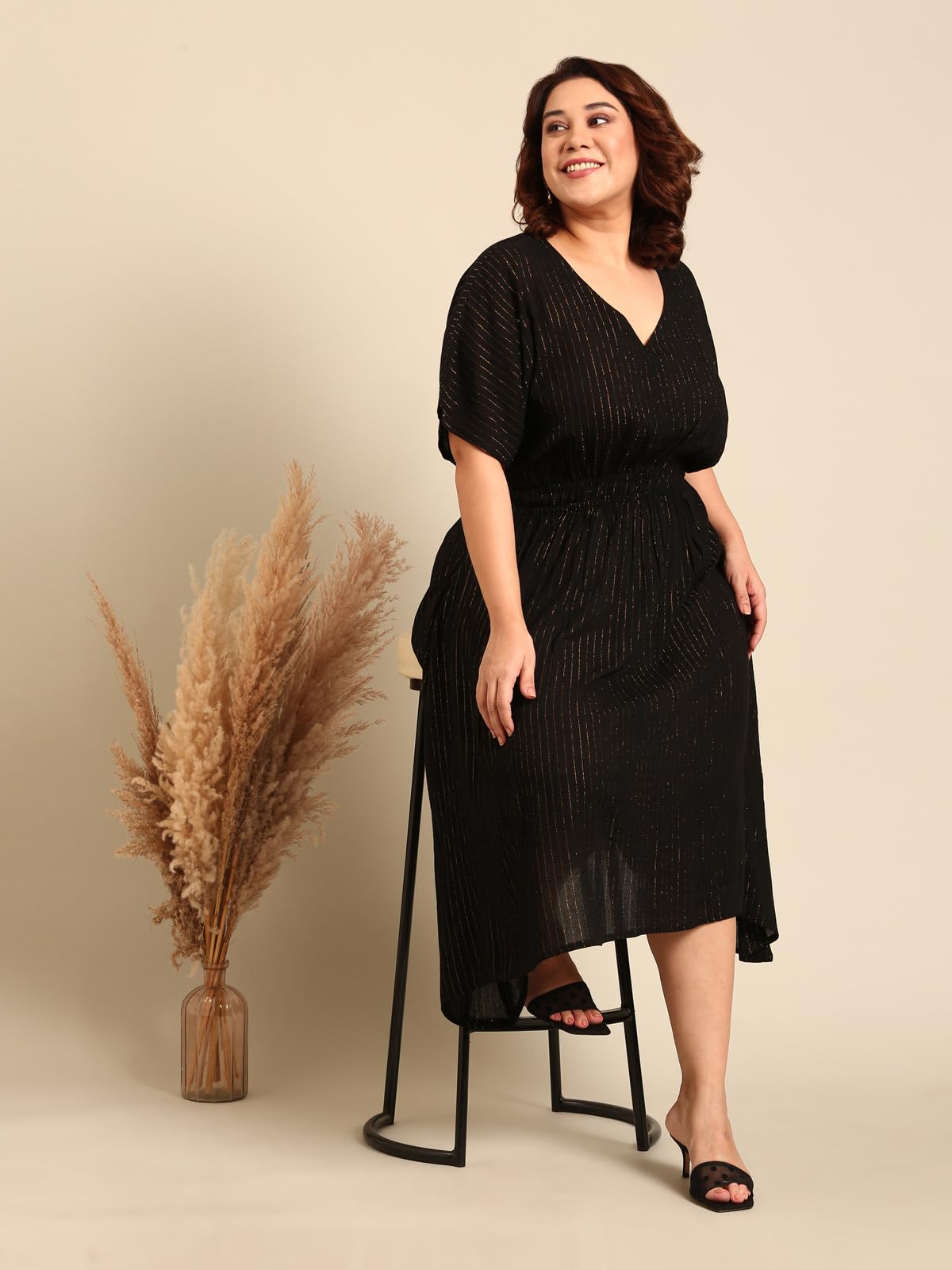 The Pink Moon Women's Maxi Plus Size Black and Gold Lurex Dress with Waist Smocking Dress - (DRS_SMKING_GOLDLX_Black_2XL)