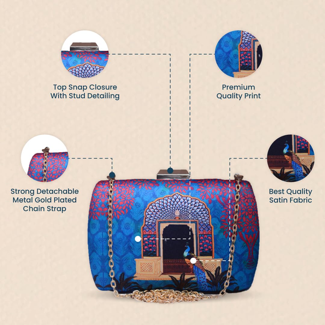 Artklim Blue and Pink Based Peacock Printed Clutch bag for women With Detachable Chain Sling Strap