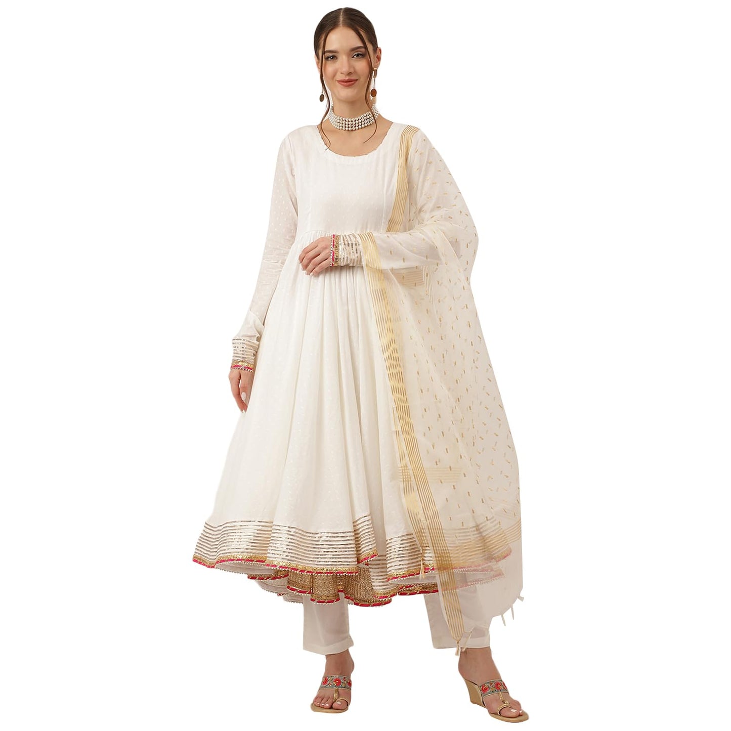 Divena Off White Shree Ram Buta Print Cotton Layered Anarkali Kurta, Trouser With Dupatta