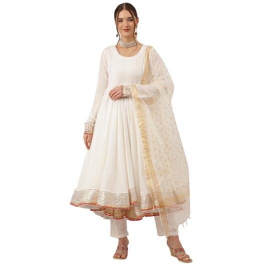 Divena Off White Shree Ram Buta Print Cotton Layered Anarkali Kurta, Trouser With Dupatta