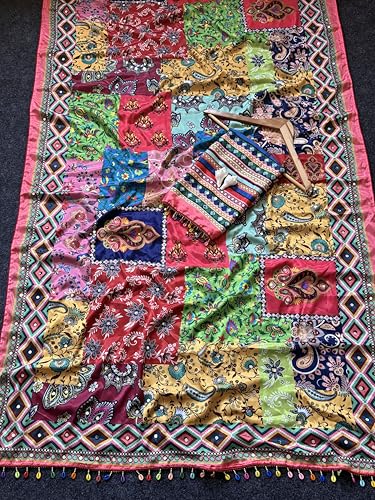 SHANTVAN GALLERY Ajrakh Print Saree for Women with Mirror Work Border and Kodi Latkan, Roman Silk 3D Position Print Silk Saree for Woman with Unstitched Blouse Piece