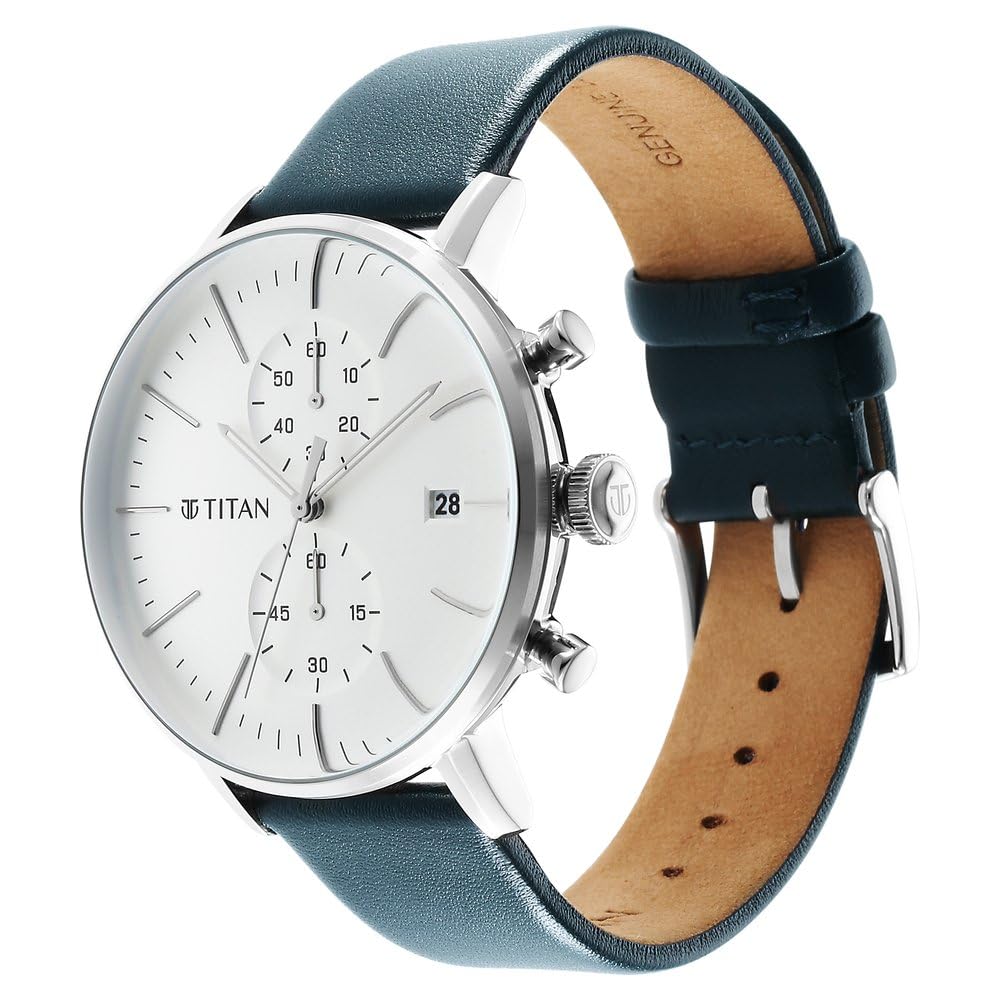 Titan Infinity Display Quartz Chronograph with Date Silver Dial Dark Teal Green Leather Strap Watch for Men - NT90146SL01