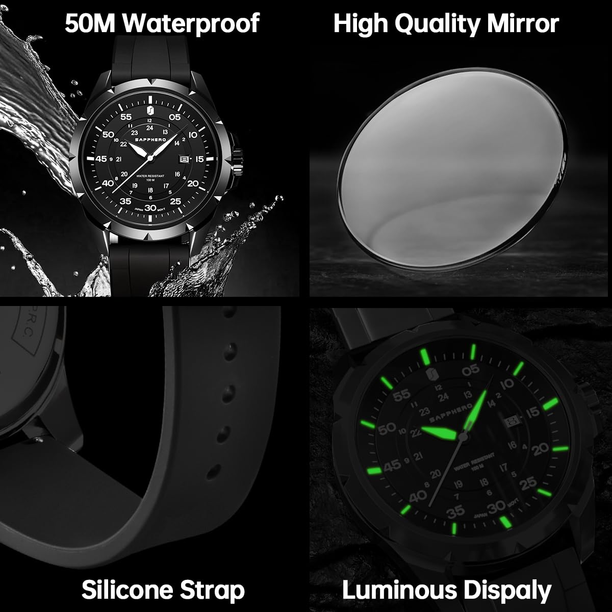 SAPPHERO Round Stainless Steel Watch for Men, 50M Waterproof Luminous Stylish Mens Gift Wristwatch with Date Display and Analog Quartz Design, Black Black White