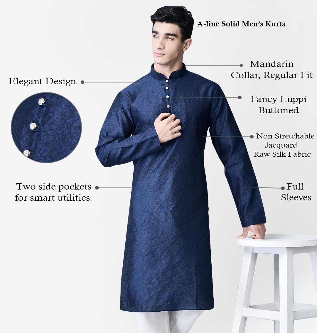 SGDONOR Knee Length Stylish Navy Kurta for Men | Textured Jacquard |Ethnic Wear for Men | Party and Weeding wear Kurta