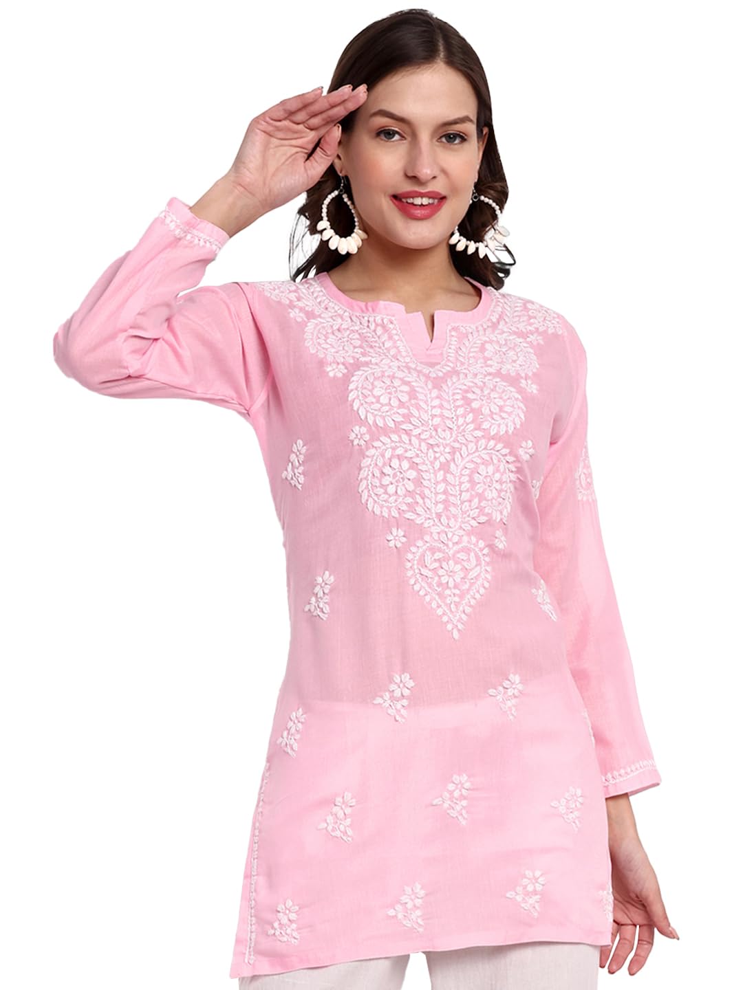 Ada Hand Embroidered Lucknowi Chikankari Cotton Straight Short Top Kurti for Women A911345 Powder Pink (4XL)