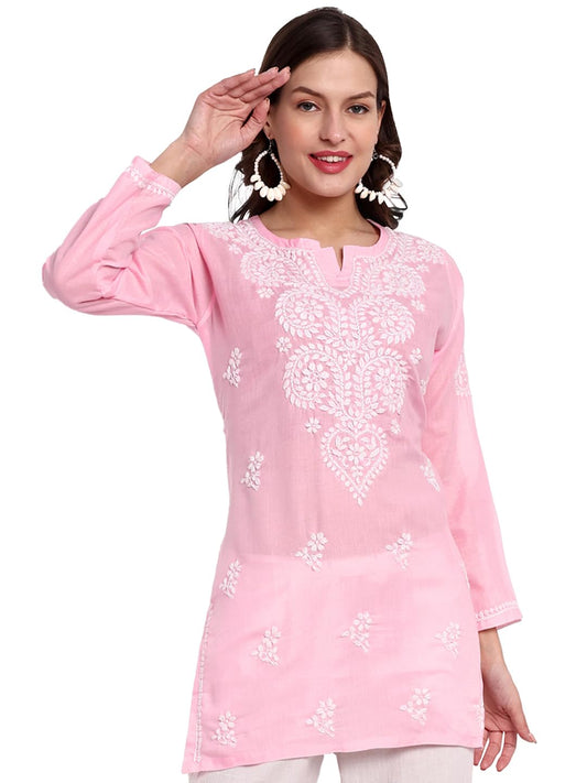 Ada Hand Embroidered Lucknowi Chikankari Cotton Straight Short Top Kurti for Women A911345 Powder Pink (4XL)
