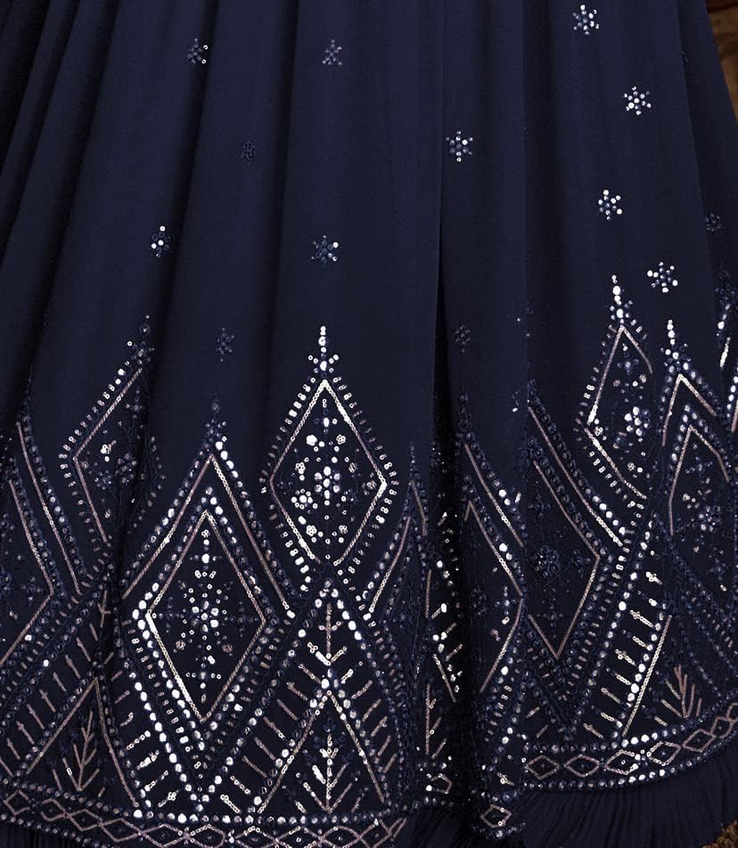 RUDRAPRAYAG Georgette Embroidered Free Size Maxi Anarkali Gown for Women (Navy Blue)