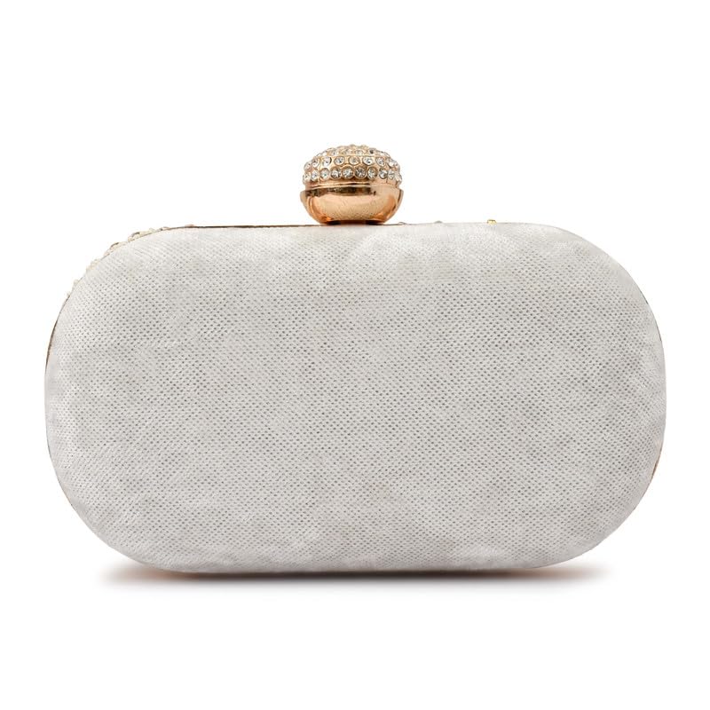QHAN Elegant Beaded Clutch Purse for Women – Emroidered Bag with Gold Chain, Rhinestone Clasp & Stone Detailing (Cap Pebble White)